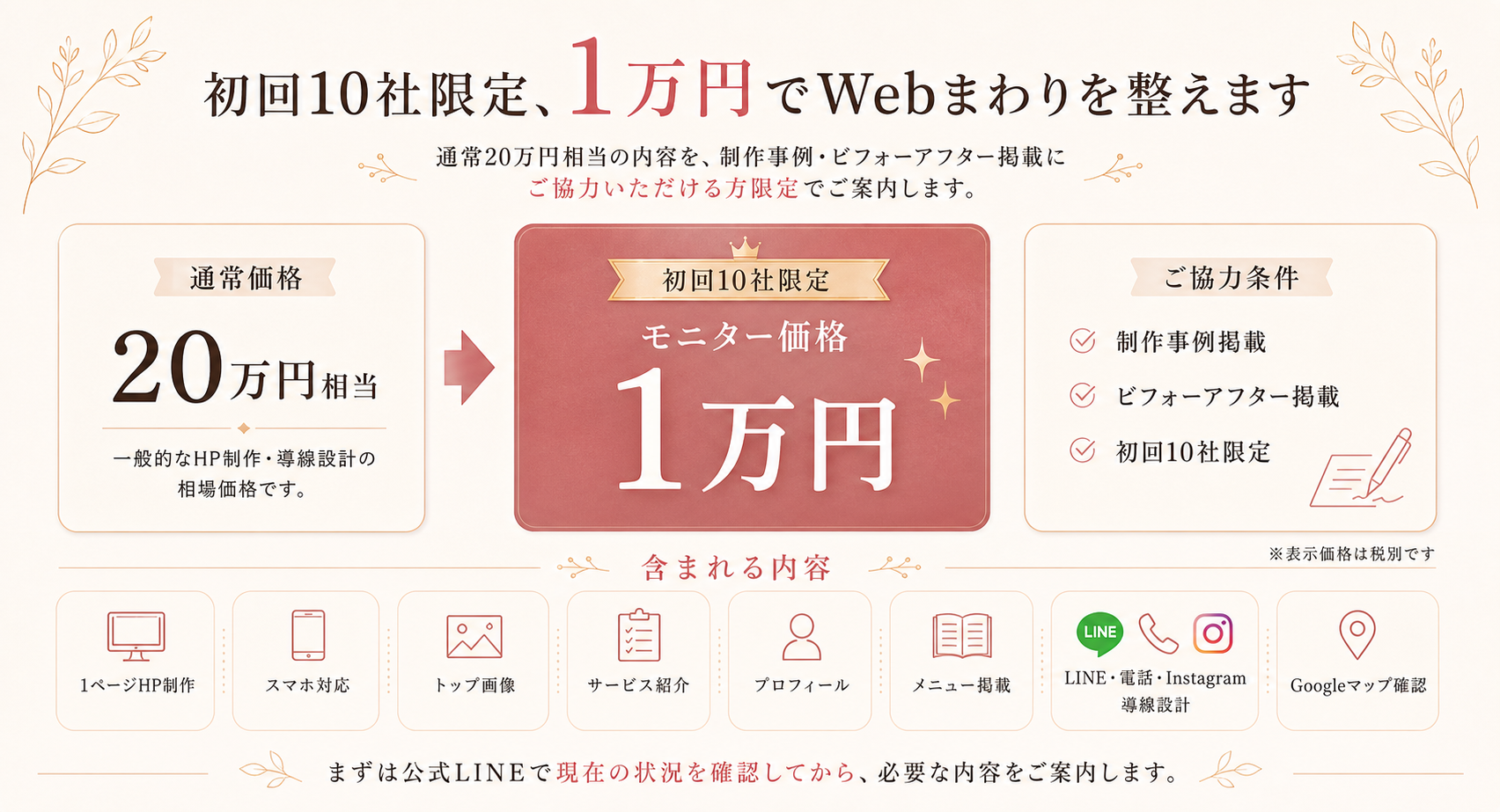 通常価格20万円相当から、初回10社限定モニター価格1万円でWebまわりを整える料金セクション。表示価格は税別の注釈あり。